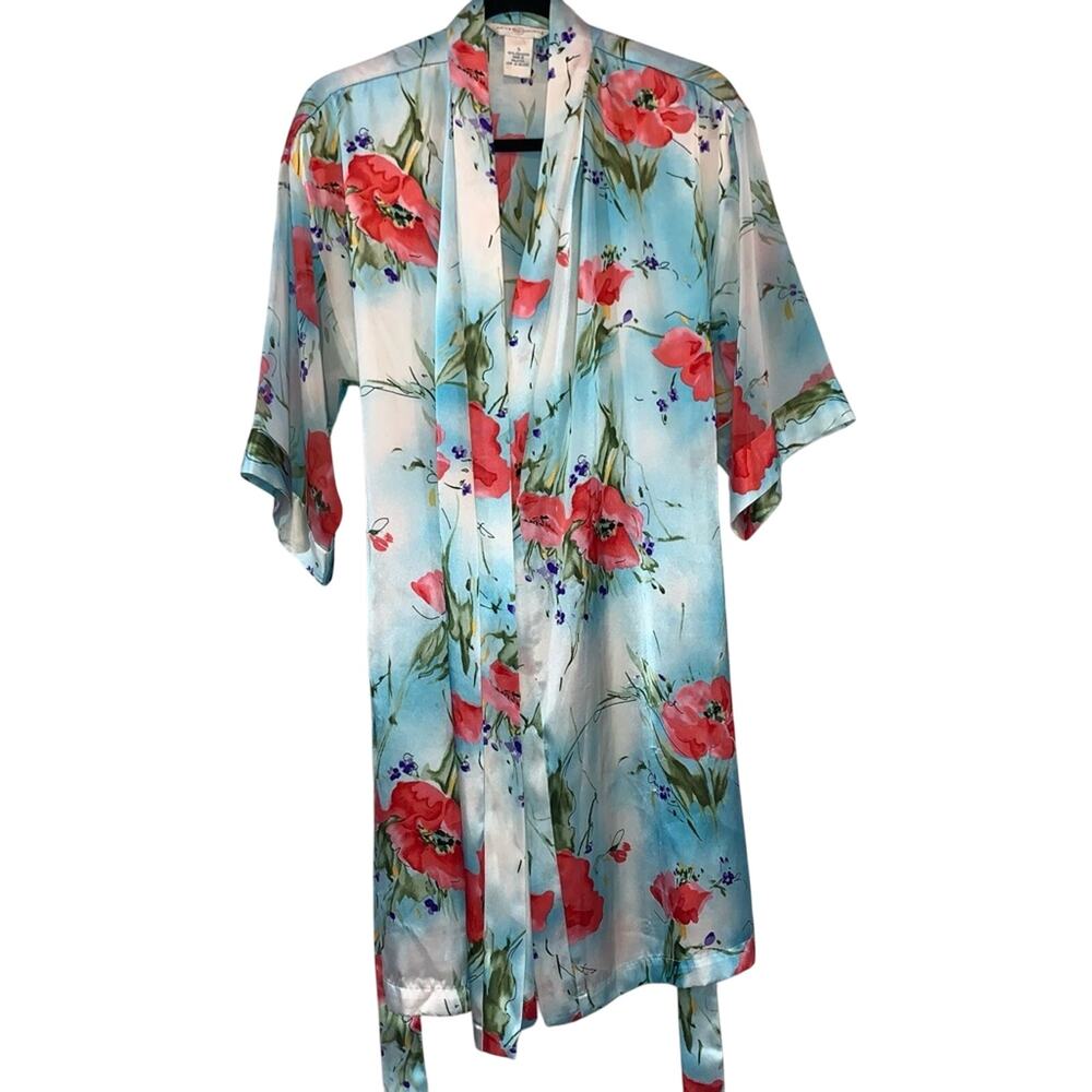 Floral Satin Kimono Robe Blue Red Poppy Print Tie Waist Lightweight Small